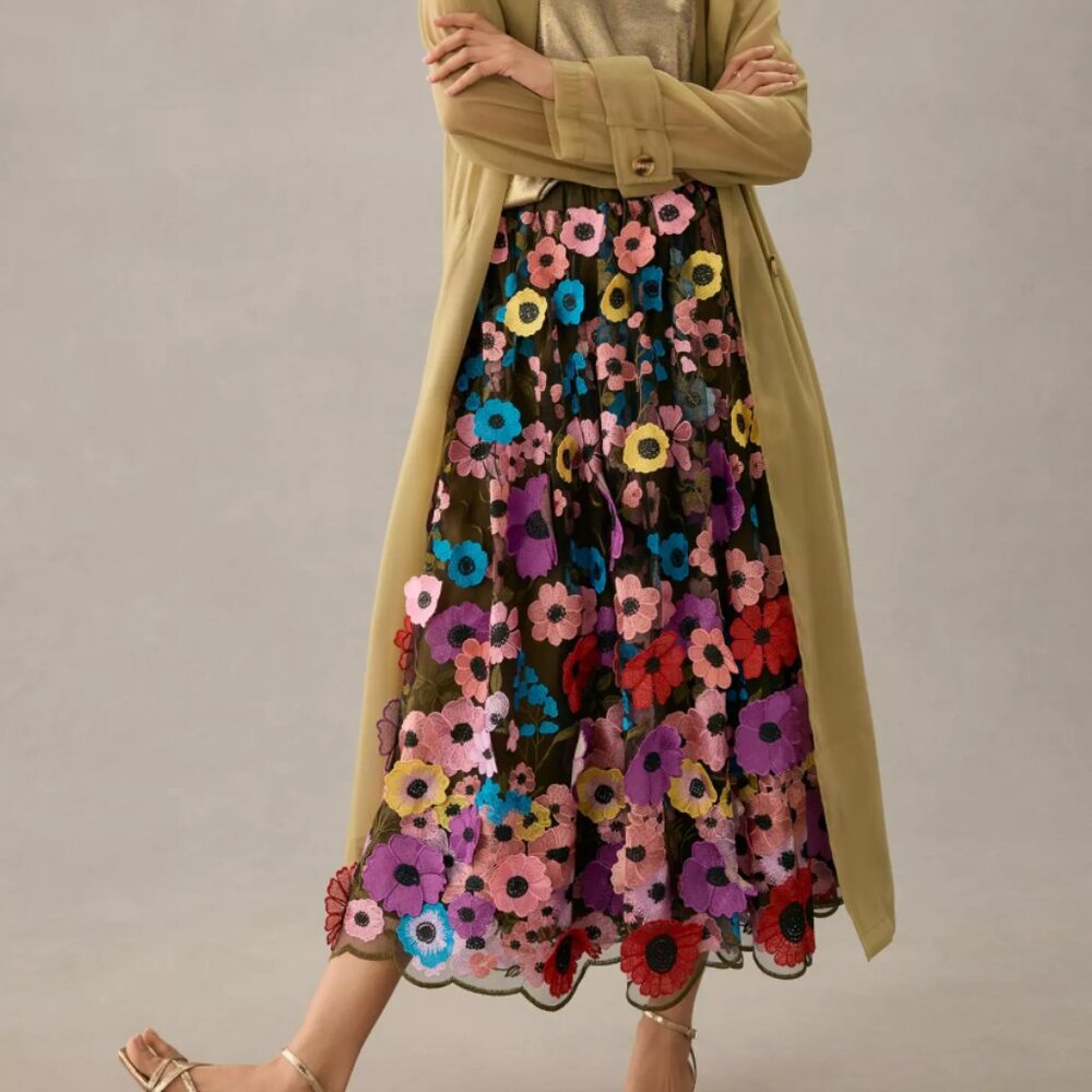 Anthropologie Floral Appliqué Skirt